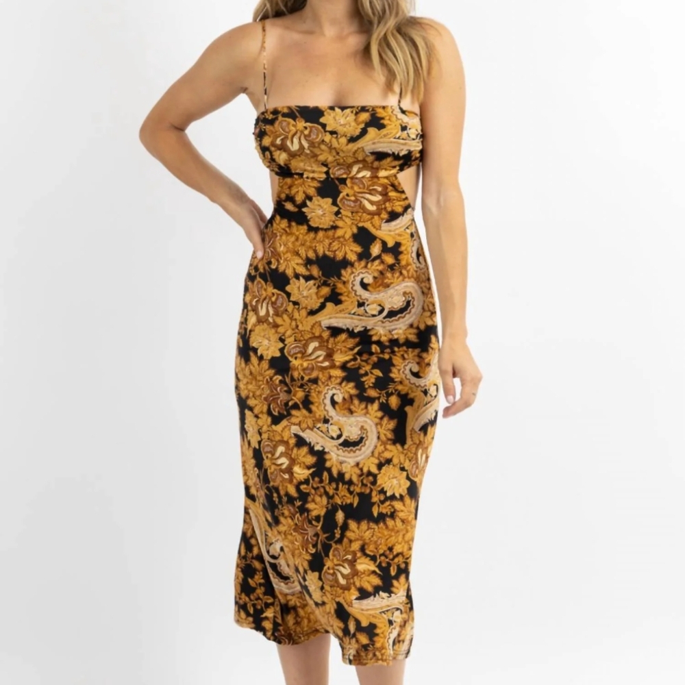 Dee Elly Midi Floral Dress‎ Black Gold Size Medium
